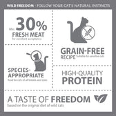 Wild Freedom. Min. 30% fresh meat, grain-free recipe for sensitive cats, species-appropriate food for all breeds and sizes, high-quality proteins, based on wild cats’ diet.