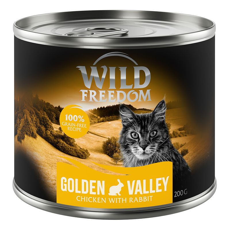 Wild Freedom Golden Valley, 100% grain-free recipe, chicken with rabbit, 200g can with landscape and cat motif.