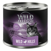 Wild Freedom Wild Hills, chicken with duck, 200g can, 100% grain-free recipe. Image shows cat in front of landscape.