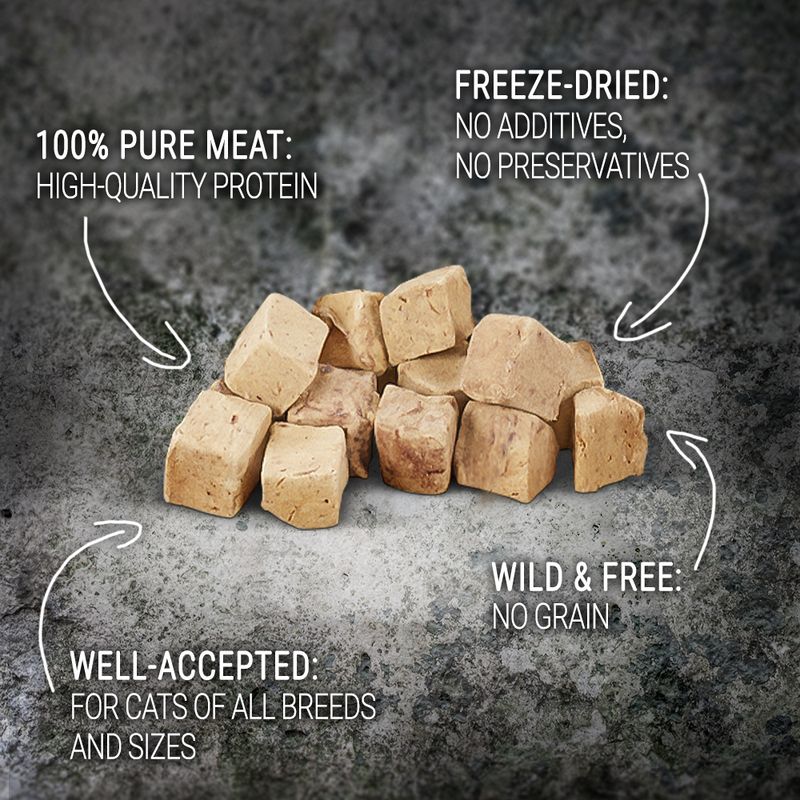 Freeze-dried pure meat treats, high-quality protein, no additives or preservatives, grain-free, well-accepted for cats of all breeds and sizes.