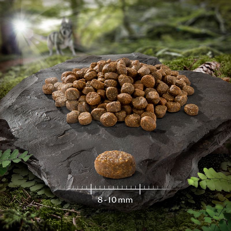 Dry food in ball shape, size 8-10mm, presented on stone plate. Background with forest motif and visible wolf.
