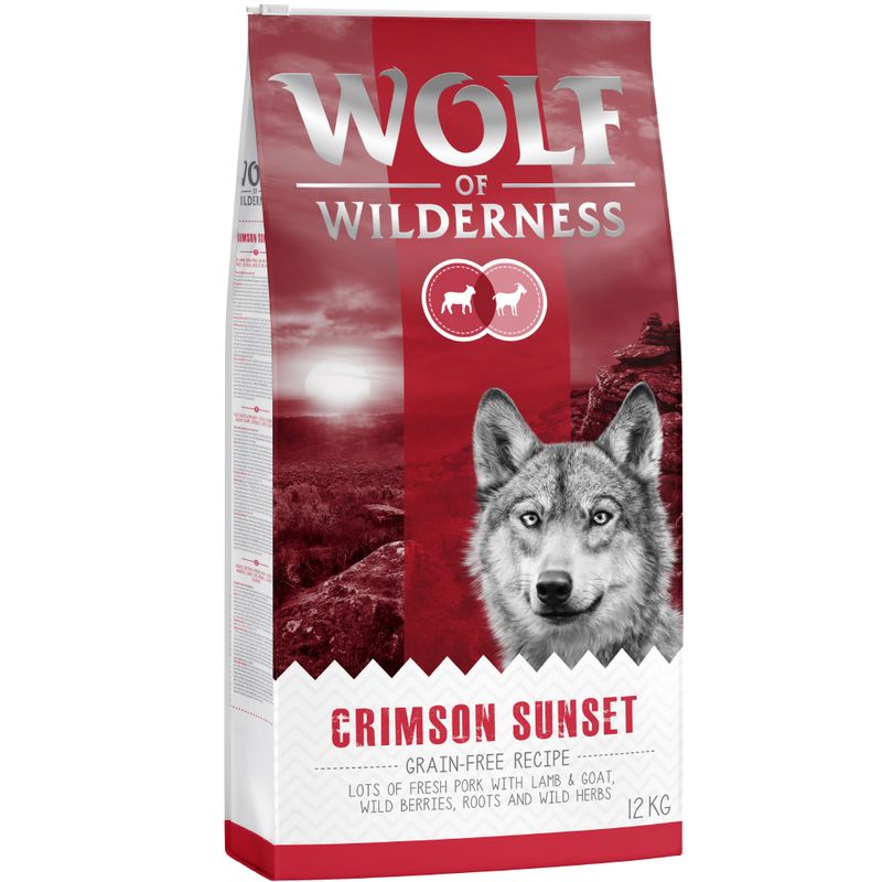 Wolf of Wilderness Crimson Sunset grain-free recipe with pork, lamb and goat, wild berries, roots and wild herbs, 12kg bag