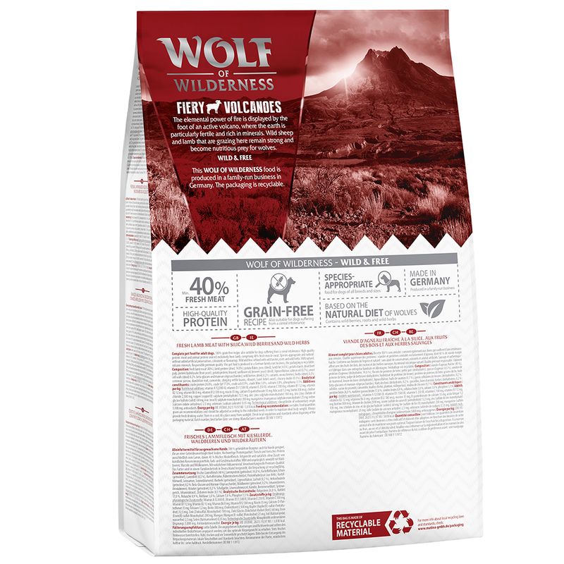 Wolf of Wilderness Fiery Volcanoes. 40% fresh meat, grain-free recipe, made in Germany, based on natural wolf diet. Recyclable packaging.