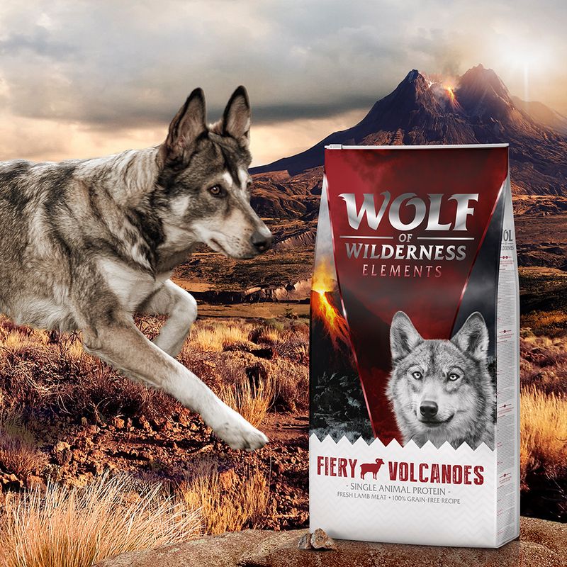 Wolf of Wilderness Elements Fiery Volcanoes. Single animal protein, fresh lamb, 100% grain-free recipe.