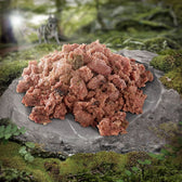 Fresh, raw meat on a stone in a natural forest setting. Background shows a wolf in the forest.