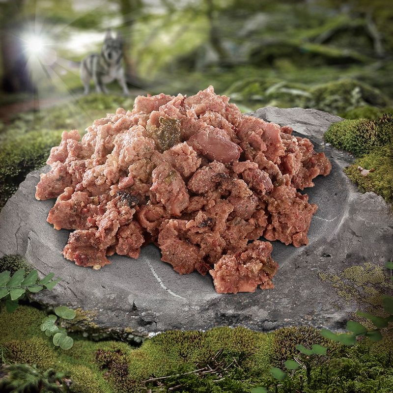 Fresh, raw meat on a stone in a natural forest setting. Background shows a wolf in the forest.