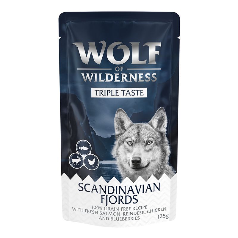 Wolf of Wilderness Triple Taste, Scandinavian Fjords, 100% grain-free recipe with fresh salmon, reindeer, chicken and blueberries, 125g.