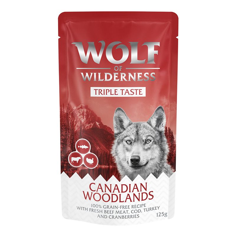 Wolf of Wilderness Triple Taste Canadian Woodlands, 100% grain-free recipe with fresh beef, cod, turkey and cranberries, 125g.
