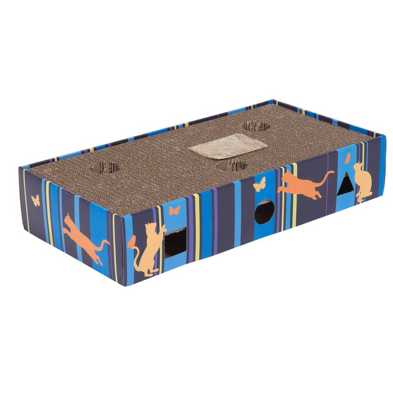 Cat toy made of cardboard with scratching surface, colourful design and openings for play options.