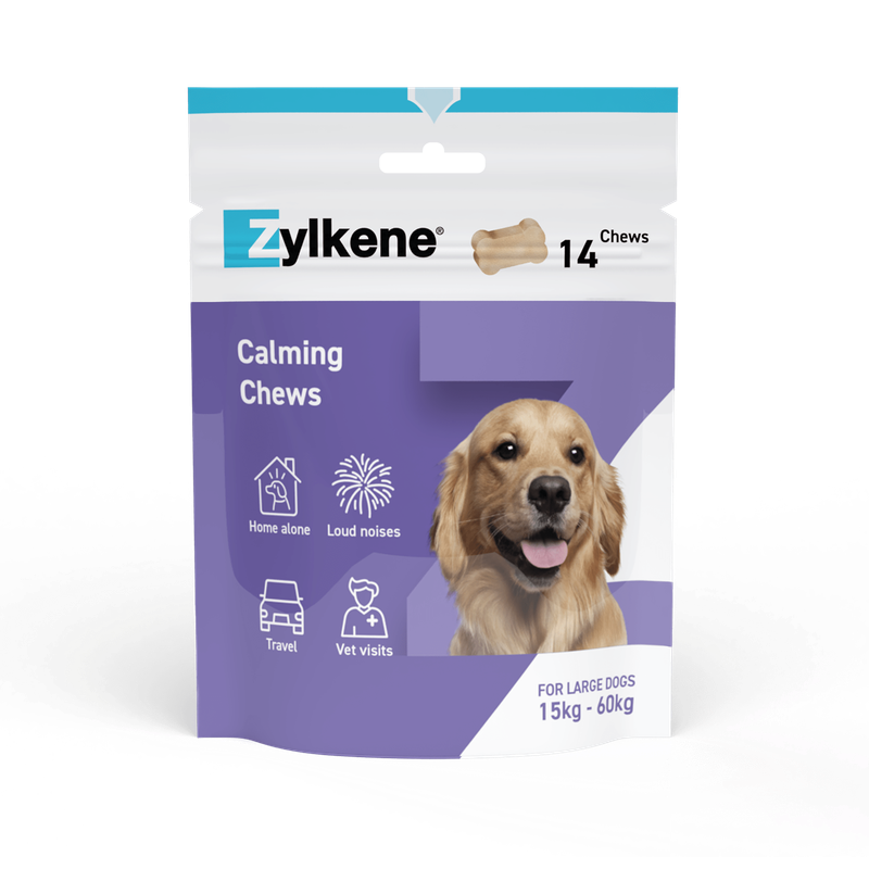 Zylkene Calming Chews, 14 pieces. For large dogs, 15–60 kg. Suitable for being alone, loud noises, travel, and vet visits.