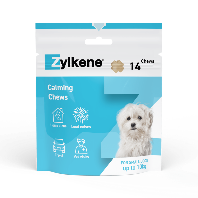 Zylkene Calming Chews, 14 pieces. For small dogs up to 10 kg. Notes: Home alone, Loud noises, Travel, Vet visits.