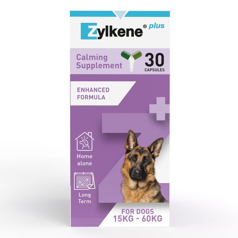 Zylkene plus Calming Supplement, 30 capsules, Enhanced Formula, Home alone, Long Term, for dogs 15 kg–60 kg.